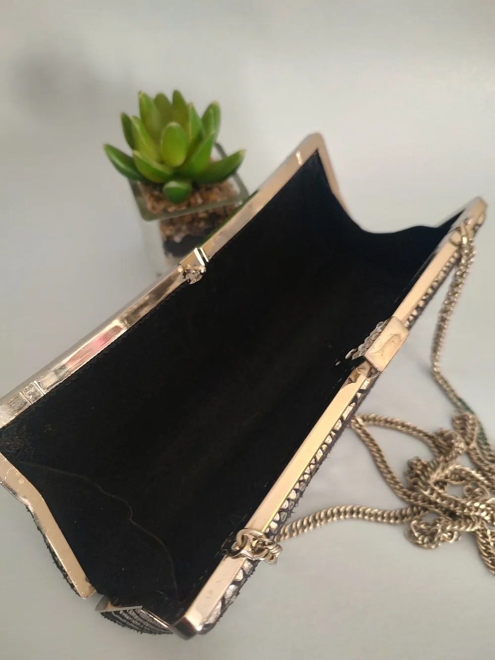 Metallic Snake-Print Evening Clutch with Chain Strap
